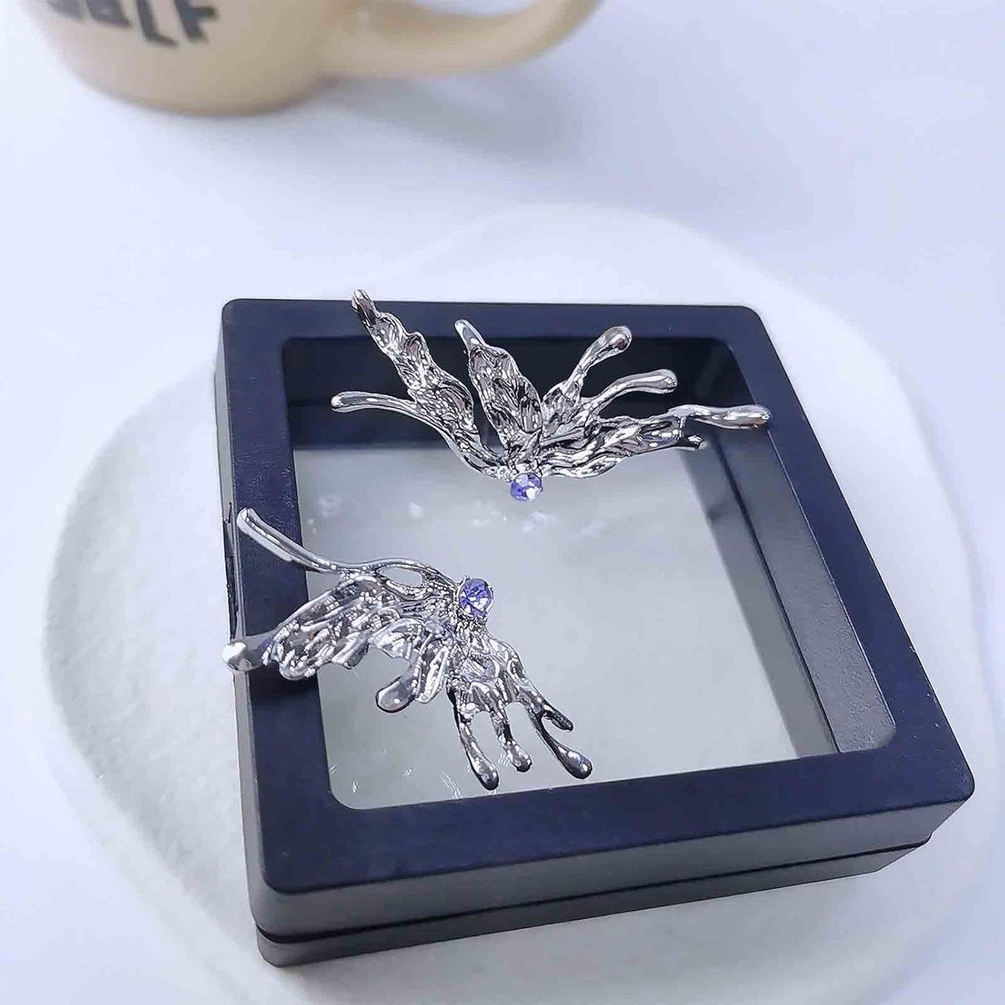 Punk Butterfly Wing Earrings Rhinestone Wing Studs Earrings Silver Half Wing Earrings Cool Mismatch Animal Earrings Jewelry for Women and Girls