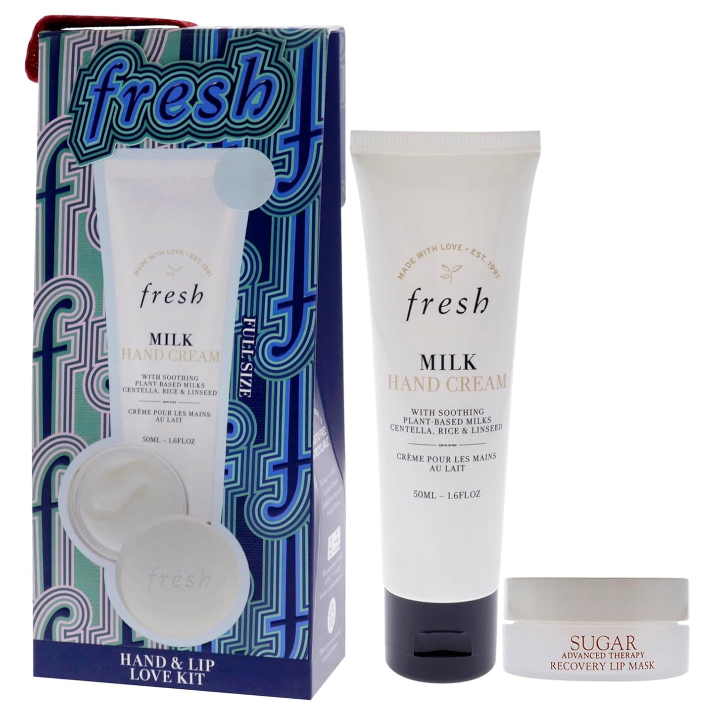 Fresh Hand And Lip Love Kit for Women - 2 Pc 1.6oz Milk Intensive Hand Cream, 0.3oz Sugar Recovery Lip Mask Advanced Therapy