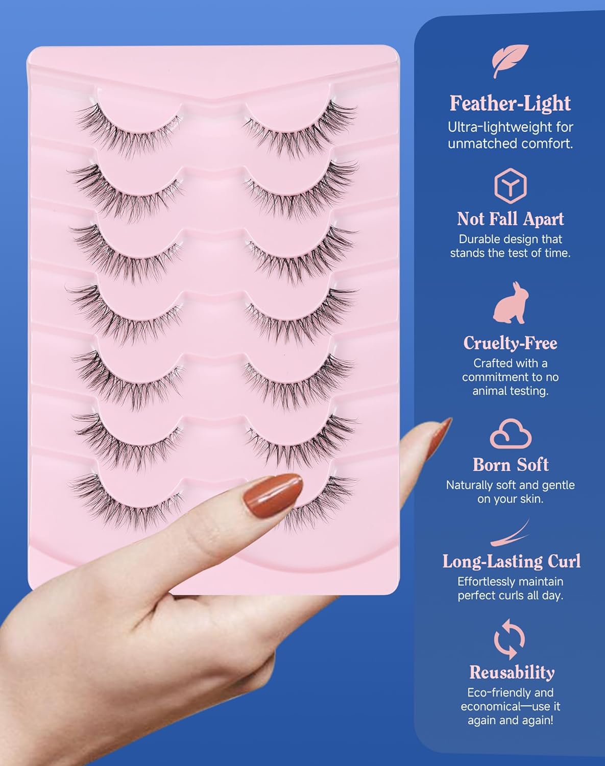 Short Cat Eye Lashes Clear Band False Eyelashes Wispy Natural Look Flared Strip Eyelash Soft Fluffy Lashe Pack 7 Pairs SF-10