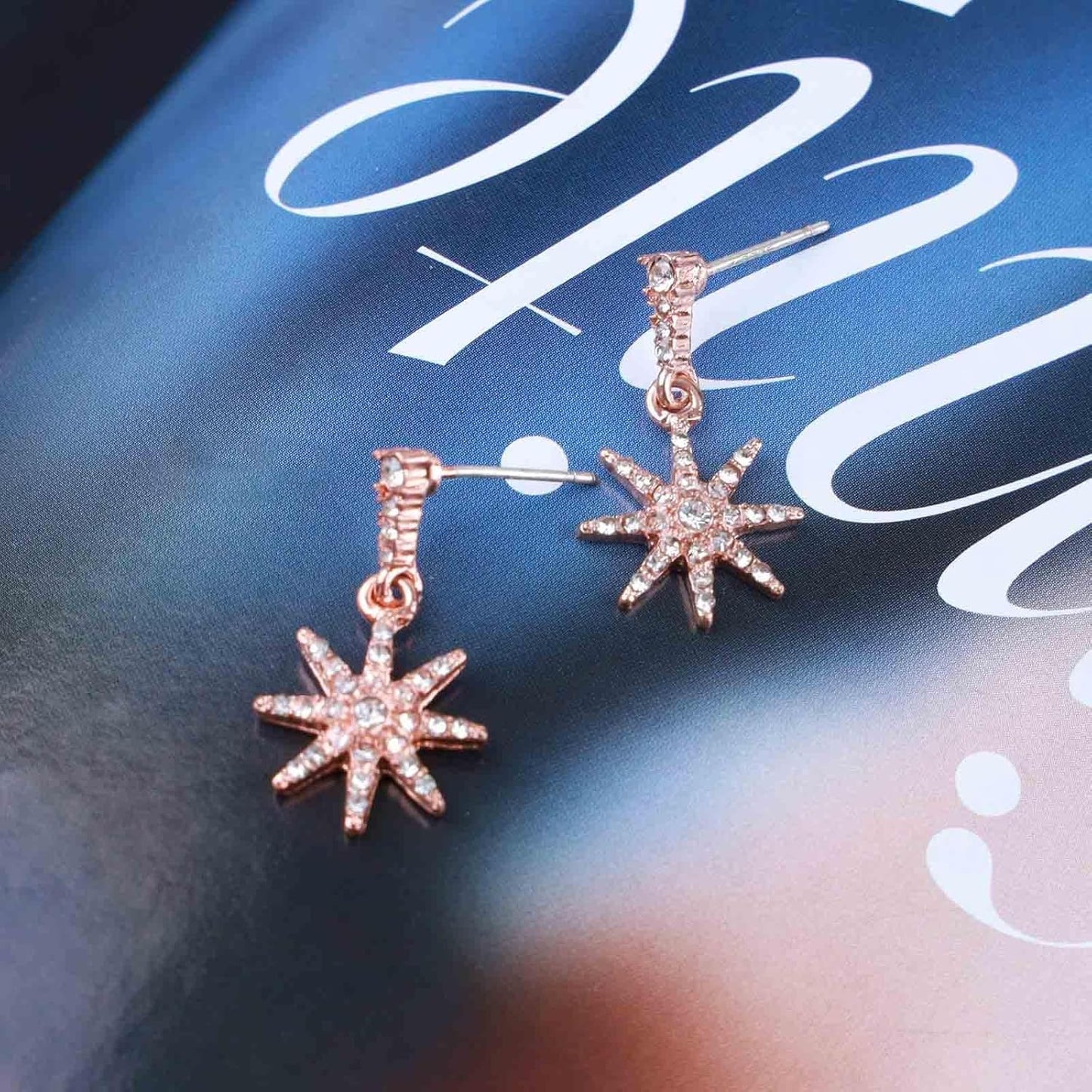 Boho Crystal Sunburst Earrings Rose Gold Star Drop Stud Earrings Cz Paved Starbust Earrings Celestial Earrings Jewelry for Women and Girls