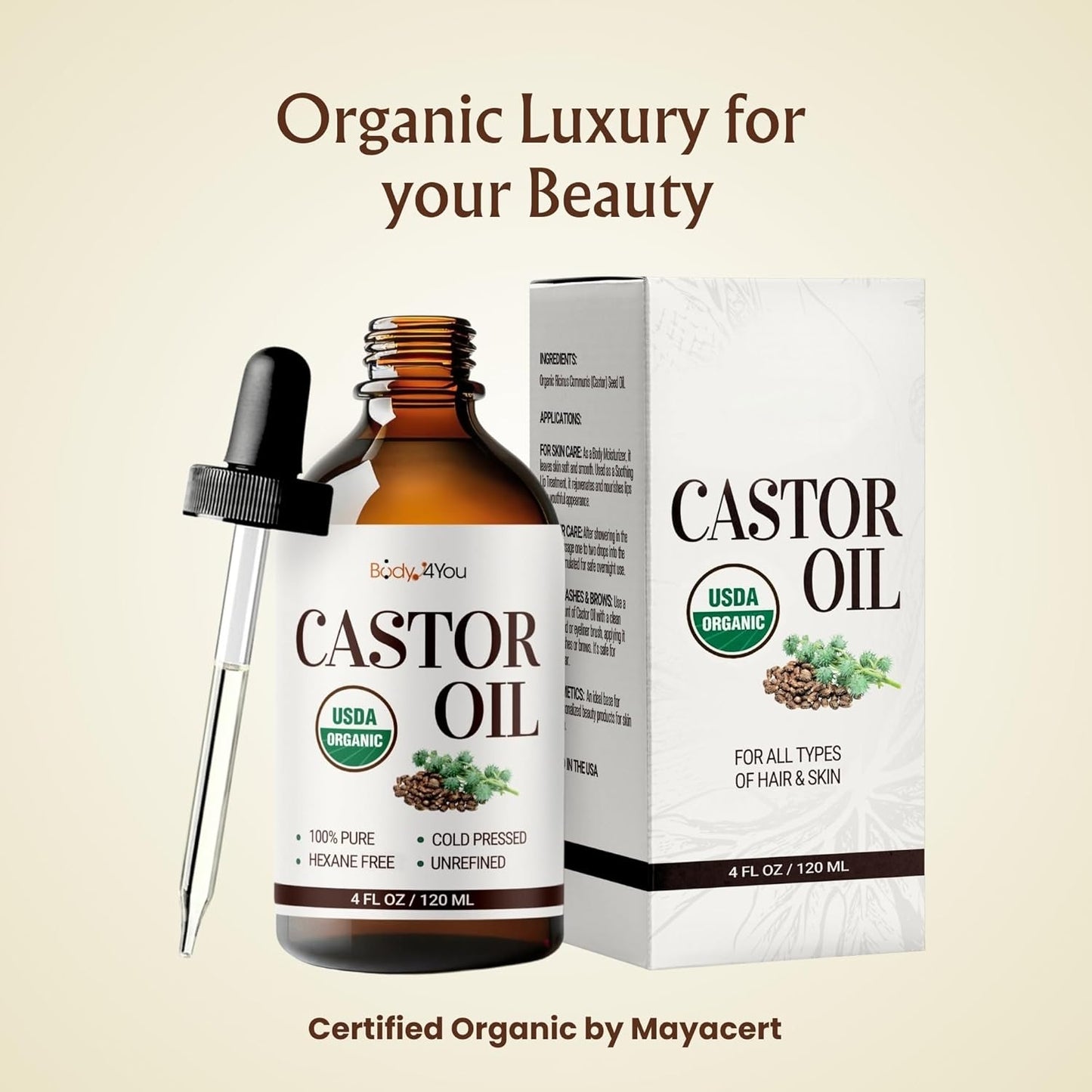 Organic Castor Oil (4oz) - 100% Pure Natural Cold-Pressed Hexane-Free USDA Certified - Glass Bottle - Hair Growth Oil for Scalp Eyelashes Face Skin - Dry Skin Moisturizer Natural Hair Care