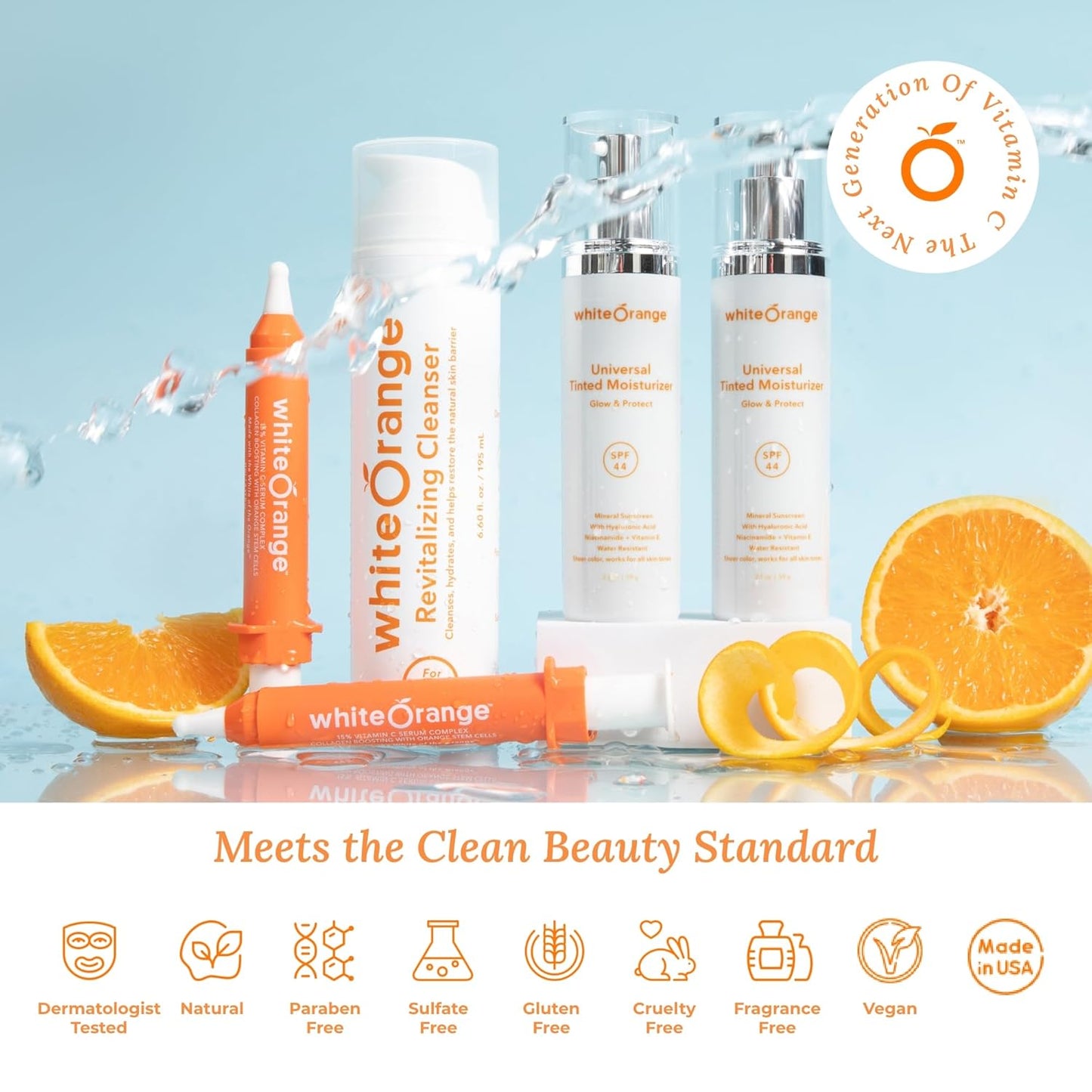 White Orange Full System 3 Step Skincare Routine Premium Anti-Aging Regimen Bundle For Healthy Glowing Skin - Revitalizing Cleanser, Advanced Vitamin C Serum & Universal Tinted Moisturizer with SPF 44