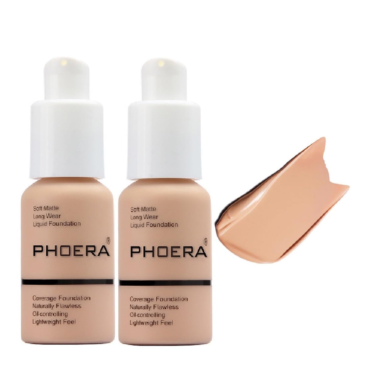 2 Pack PHOERA Foundation,Full Coverage Concealer Flawless Soft Matte 24HR Oil Control Liquid Foundation Makeup .(104 Buff Beige）