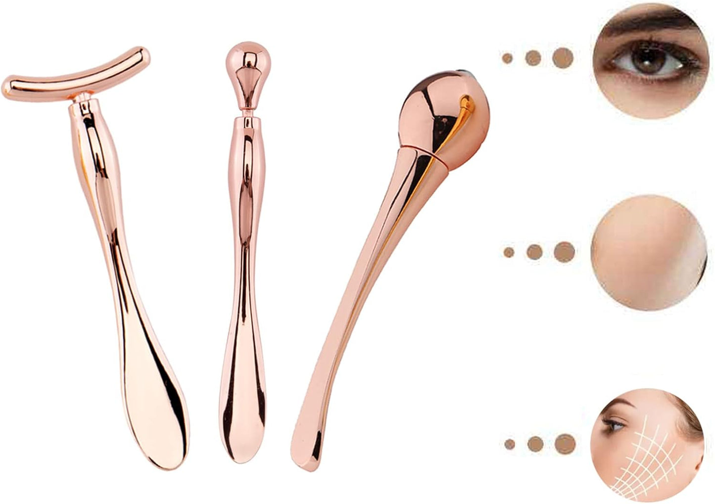 BetterJonny 3Pcs Metal Eye Cream Applicator Roller Wand Stick, Cosmetics Spoon Eye Cream Massager Wand Girls Women Facial Massager for Fatigue Relief Reduce Puffiness (Rose Gold)