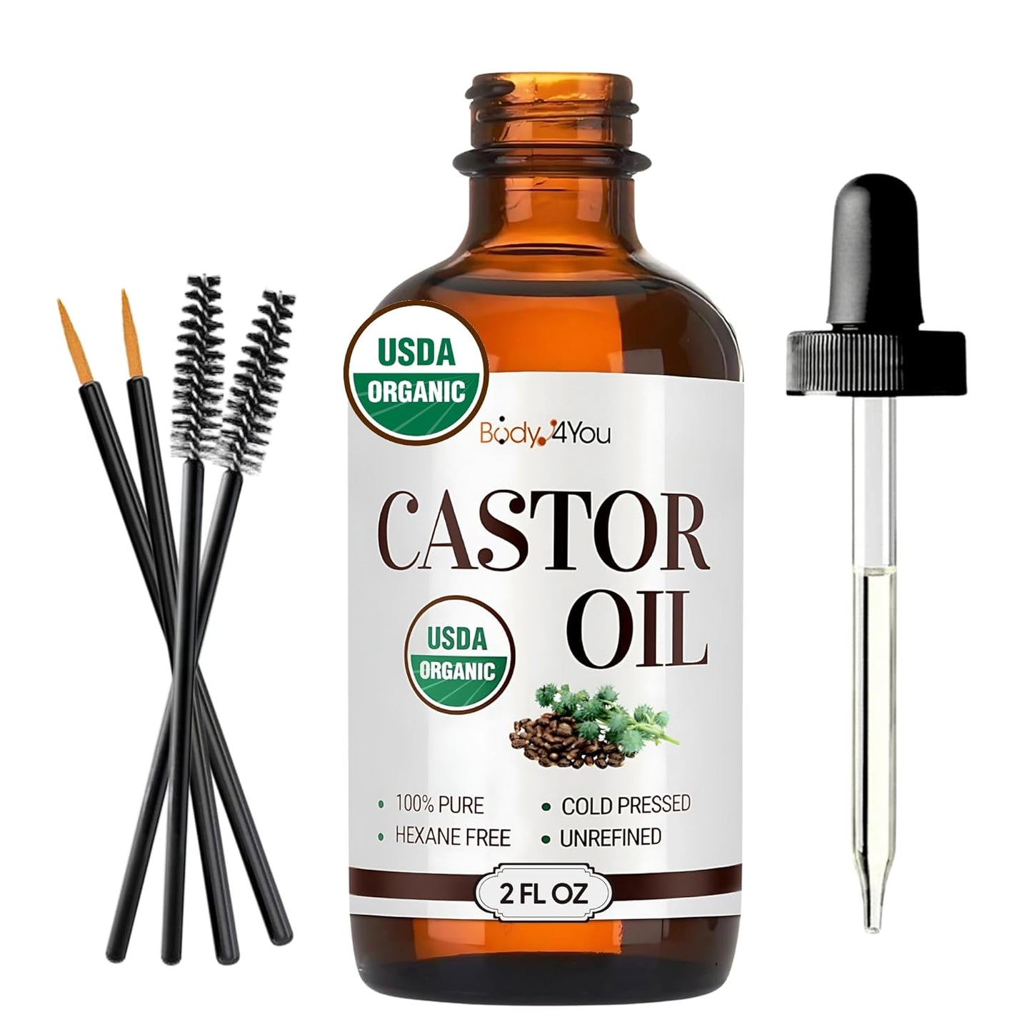 BodyJ4You Castor Oil for Eyelashes Eyebrows - 100% Pure Natural USDA Organic Cold Pressed - Hydrating Skin Hair Growth Oil Lashes Scalp - Non-GMO Hexane Free Unrefined Carrier - Glass Bottle 2 Fl Oz