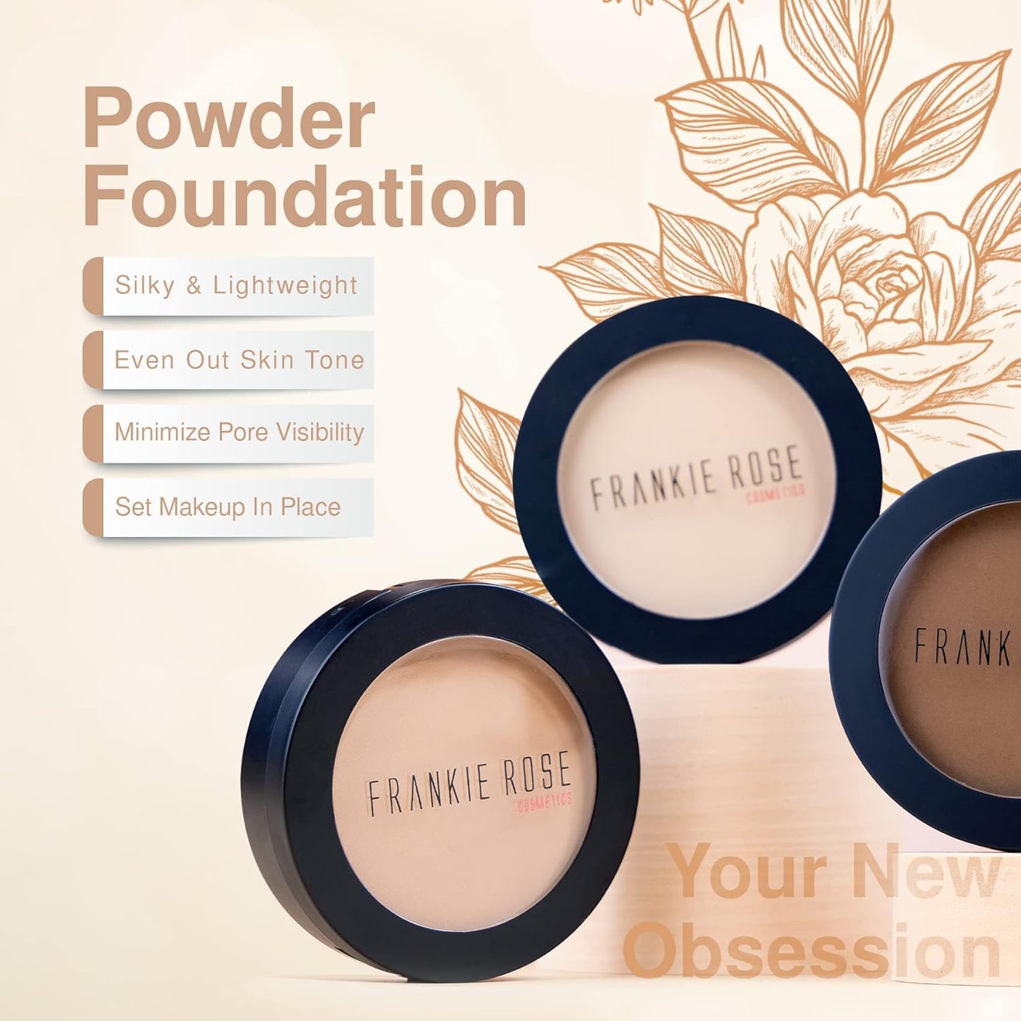 Frankie Rose Cosmetics Powder Foundation – Full Coverage Face Powder For Pores & Imperfections, Evens Out Skin Tone & Shine-Control | 58 Grams (Bronze)