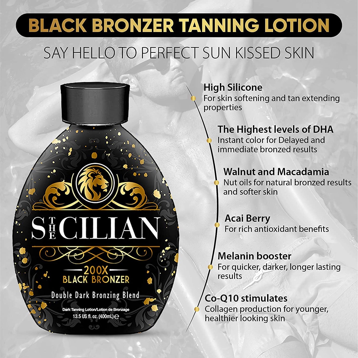 The Sicilian 200X Dark Black Bronzer Tanning Lotion - BEST for Glowing Skin - Gradual Bronzing & Sunless Self Tanner Lotion - Luxurious Sunless Body Tanning Lotion Nourishes Skin