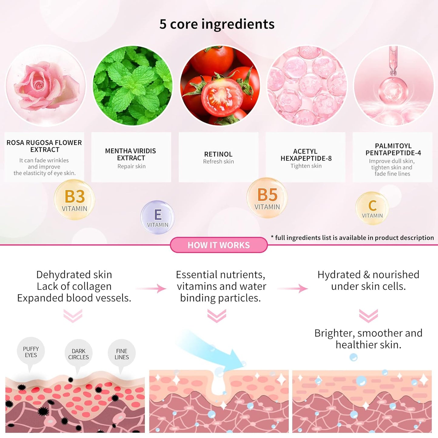 BREYLEE Pink Rose Eye Mask– 30 Pairs - Under Eye Mask Amino Acid & Collagen, Under Eye Mask for Face Care, Eye Masks for Dark Circles and Puffiness, Under Eye Masks for Beauty & Personal Care