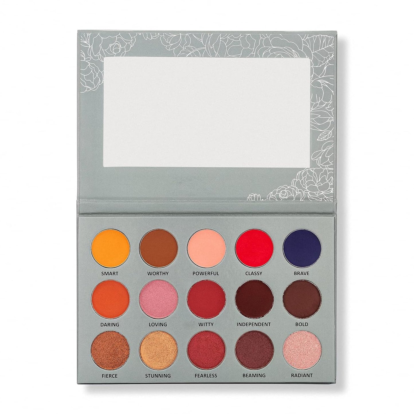 | 15 color pigmented blendable eyeshadow palette with mirror, warm neutral matte shimmery shades, travel size makeup